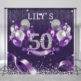 Aperturee Aperturee Custom 50th Birthday Bash Backdrop for Her Purple and Silver Glitter Balloons Fabulous Fifty Diamond Party Prop